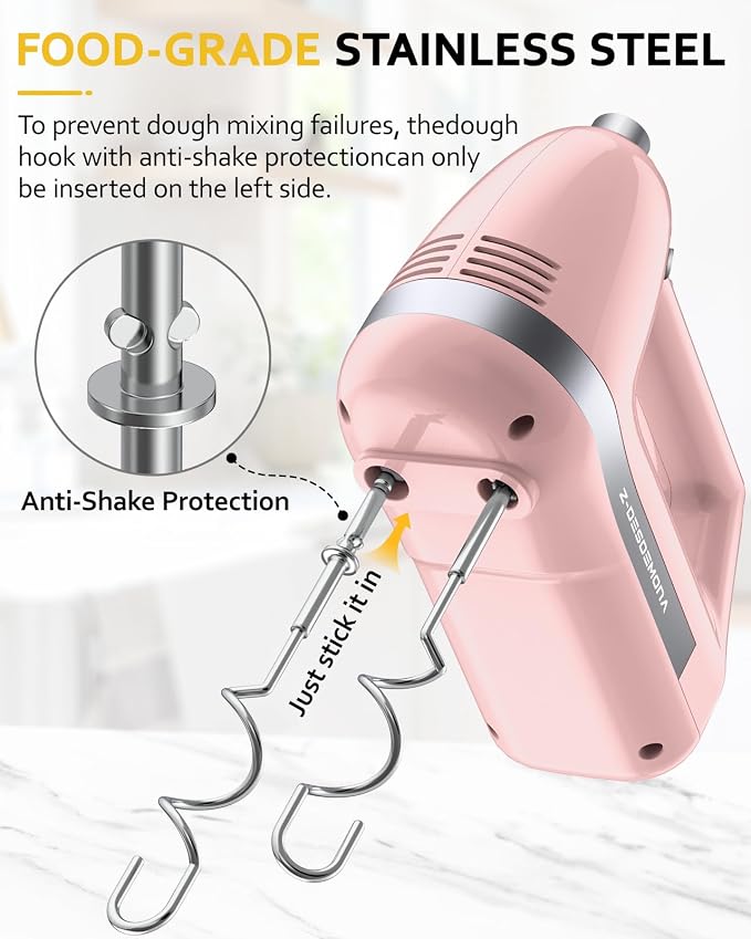Electric Hand Mixer, Powerful Hand Mixer Electric Handheld with 304*(2*Beaters, 2*Dough Hooks),(1*Storage Bag) Hand Held Mixer with Turbo for Baking Cakes,Cream(Pink)