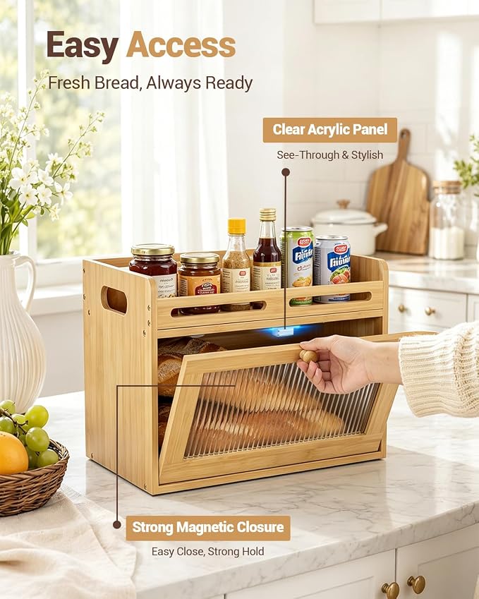 Bread Box for Kitchen Countertop, Bamboo Bread Storage Container with Raised-Rail Top Shelf and Acrylic Window, Farmhouse Breadbox Organizer for Pantry, Fruit, Spices