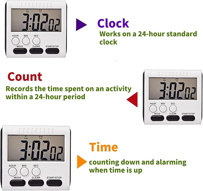 24 Hour Magnetic Timer with Digital Alarm Clock Large Screen, Loud Alarm, Magnetic Back & Hang Hole Kitchen Time with Clip, Fridge Magnet, Stove Timer for Small Spaces Hr Seconds Click Function Black