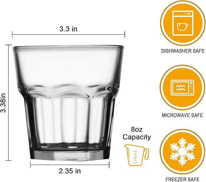 QAPPDA Whiskey Glasses 8 oz, Clear Drinking Cups Glass Cups,Cocktail Glass Whiskey Shot Glasses Set for Restaurants,Bars,Parties,Vodka Glass Cups Water Cups 12 Pack | Short Glass Tumbler, Modern Rocks Glass for Scotch or Bourbon, Dishwasher Safe Glassw...