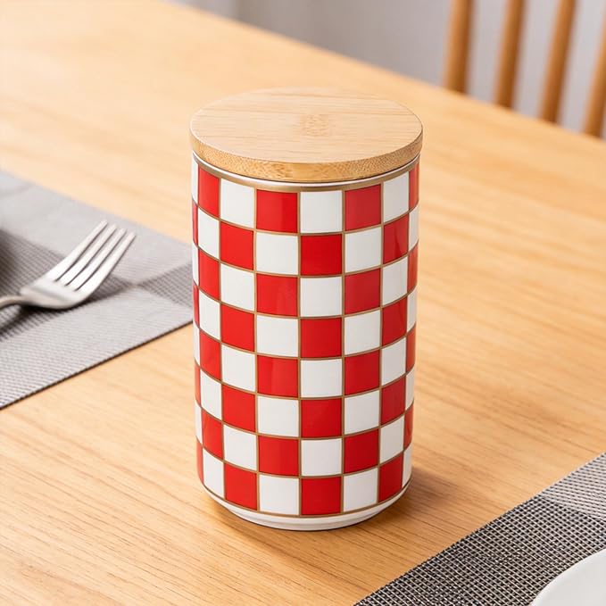 Kitchen Countertop Ceramic Checkered Canisters,Black And White Food Storage Containers With Lid,Airtight Kitchen Canisters for Flour, Sugar, Coffee, Tea, and Dry Goods (Red, Large)