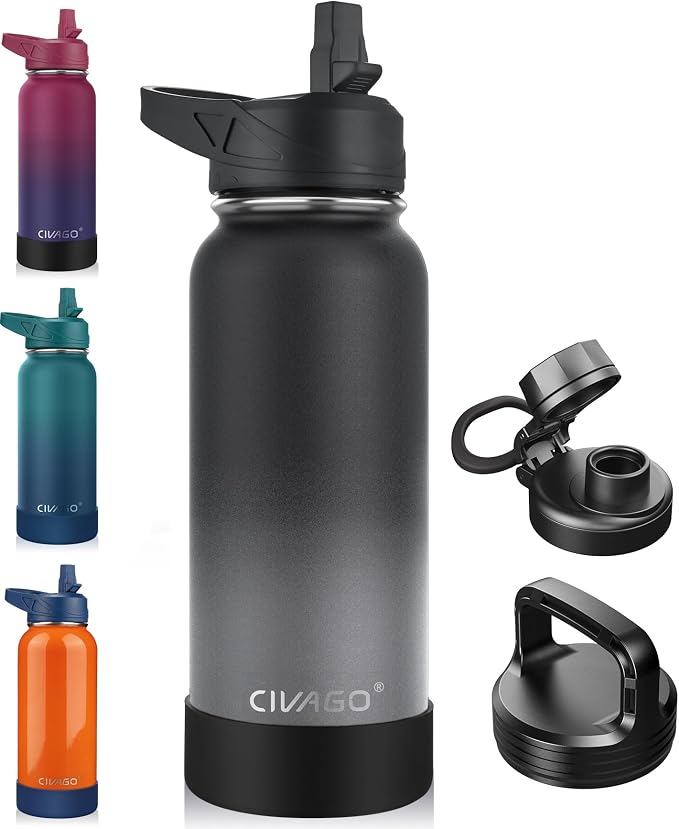 CIVAGO 32 oz Insulated Stainless Steel Water Bottle With Straw and 3 Lids | Large Metal Sports Water Jug, Leakproof Reusable Wide Mouth Thermal Flask Cup with Silicone Boot, BPA-Free, Omber Gray