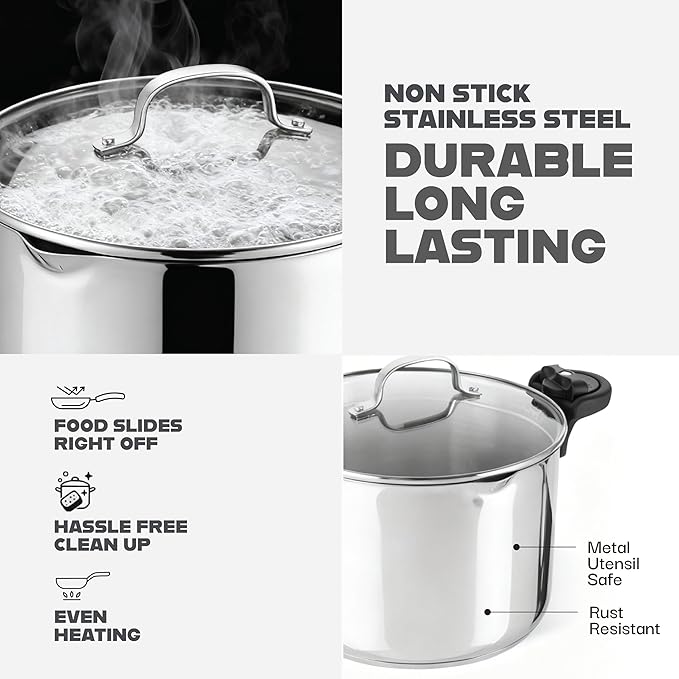 GOTHAM STEEL 5 Qt Stainless Steel Stock Pot Multipurpose Pasta Pot | With Strainer Lid + Twist and Lock Handles, Cooking Pot for Soup, Spaghetti, Rice, Induction Compatible, Dishwasher Safe