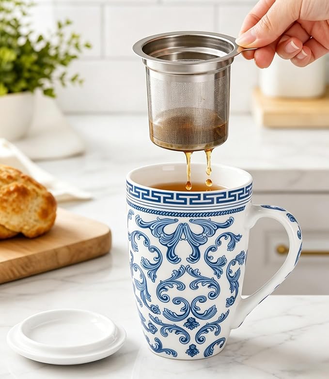 AmorArc Tea Cup With Infuser and Lid, 18oz Loose Leaf Tea Mug With Steeper | Porcelain Tea Mug With Infuser and Lid, Strainer Tea Cup for Tea Lovers, Home & Office, Housewarming Birthday Gift