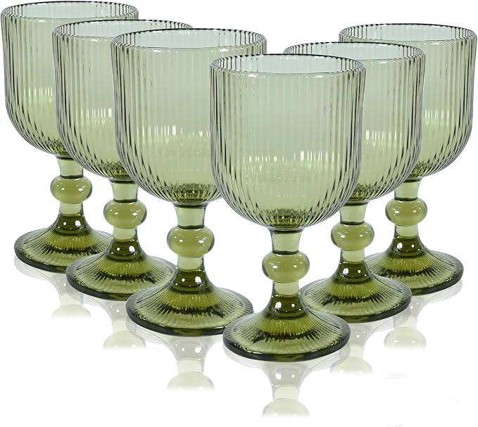 Vintage Green Wine Glasses Set of 6, 14 oz Green Goblets Glassware Drinking Glasses, Colored Glassware Wine Glasses for Beer, Water, Cocktail, Juice, Whiskey, Wedding Party Bar