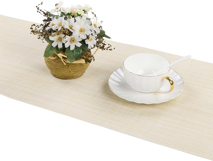 SHACOS Woven Vinyl Table Runner PVC Table Runners 12 x 54 inch Wipeable Plastic Heat Resistant Runner for Table Indoor Outdoor, Beige White
