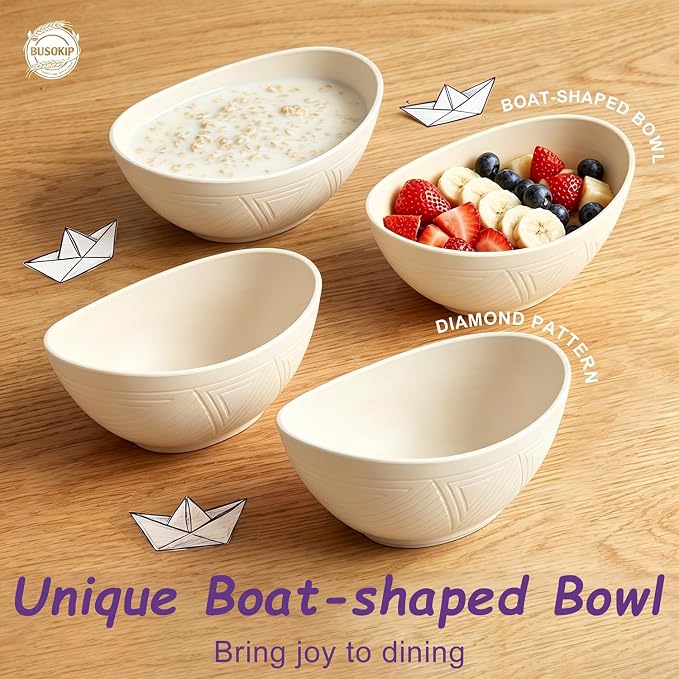 Salad Bowls 26oz, Oval Wheat Straw Bowls Sets of 6, Unbreakable Breakfast Bowls for Cereal, Soup, Rice, Fruit, Microwave Safe Plastic Bowls for Kitchen, Camping, Apartment - Beige
