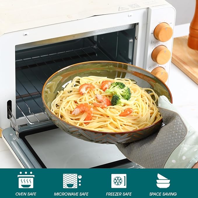 Sureasy Pasta Bowls Set of 4, 30oz Large Ceramic Embossed Bowl Plates, 8.5 Inch Wide and Shallow Plate Bowls, Salad Bowl, Microwave, Oven & Dishwasher Safe, Green