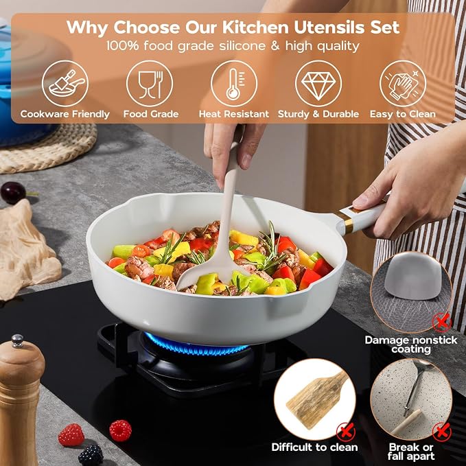 Onader Kitchen Utensils Set, Silicone Non Toxic Cooking Utensils, Khaki | 6 Pcs Heat Resistant Kitchen Gadgets Set for Nonstick Cookware, Dishwasher Safe