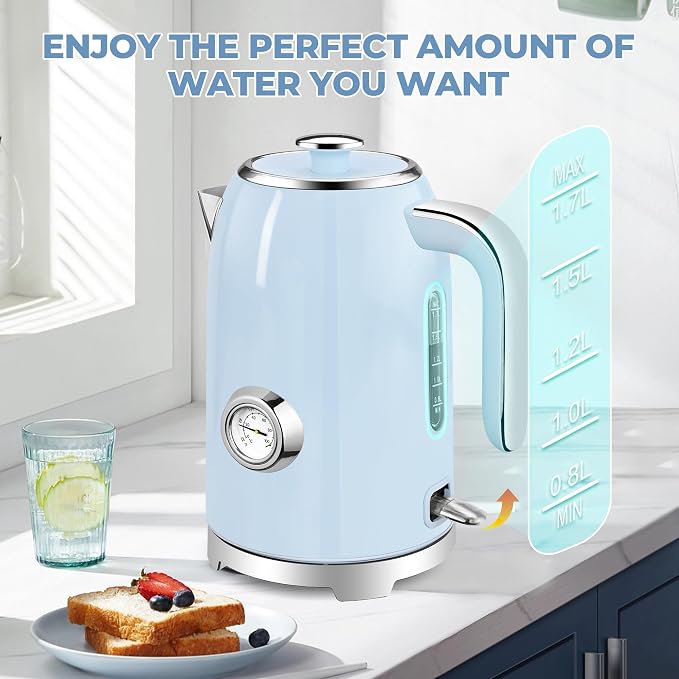 SUSTEAS 57oz Electric Kettle with Thermometer, Hot Water Pot, Blue | Electric Tea Kettle for Boiling Water, 1500W Stainless Steel Pot, Cordless LED Indicator, Auto Shut-Off & Boil Dry Protection