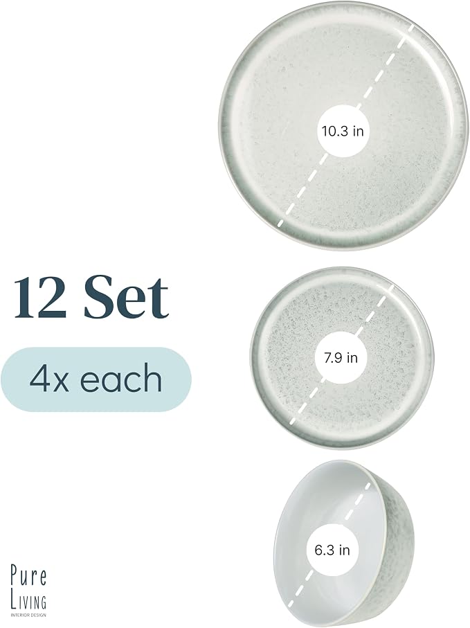 12 Piece Stoneware Dinnerware Set for 4 - Handmade Reactive Glaze Plates and Bowls Set - Chip & Scratch Resistant Dish Set - Dishwasher Microwave Safe - Light Beige