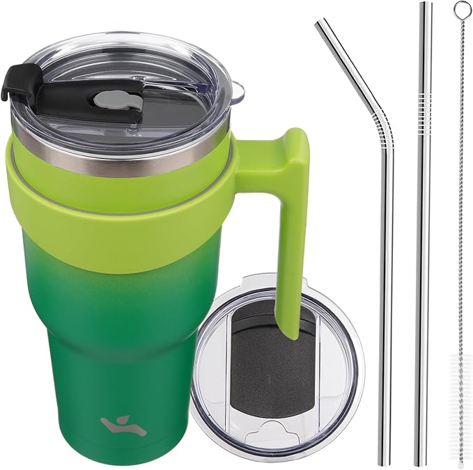 Konokyo 40 oz Tumbler with Handle and Straw, Insulated Travel Mug | Matcha Green; BPA-free, leak-proof tumbler with 2 lids, 2 straws, cup holder fit for coffee, office, travel & daily use