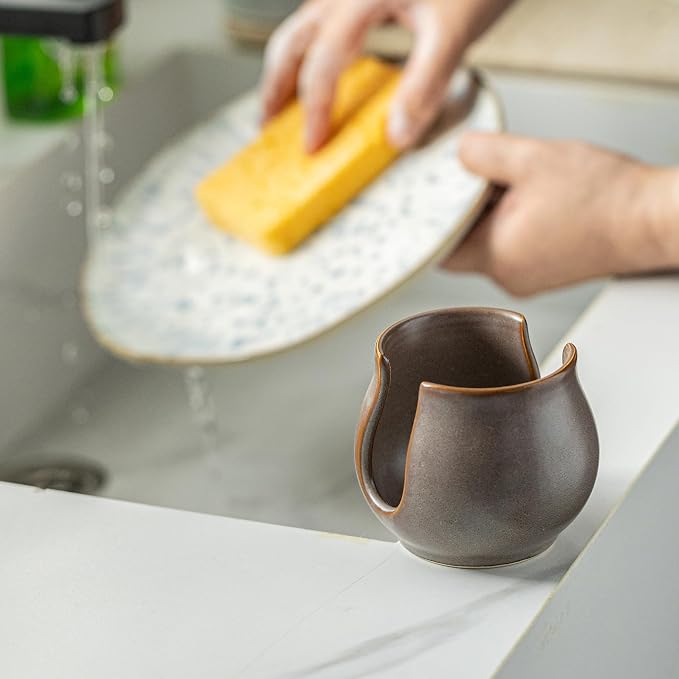 Zoeeker Sponge Holder for Kitchen Sink, Ceramic Dish Sponge Drying Rack Scrubby Holder Kitchen Organizer Cute Sink Caddy, Farmhouse Decor, Dark Agate Red