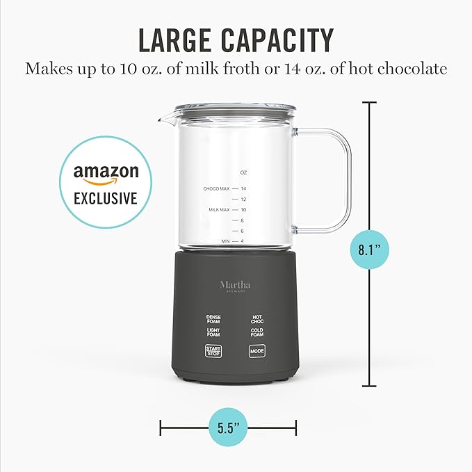 Martha Stewart 10oz Milk Frother & Steamer, 4 Presets, 300ml Glass Pitcher | Light, Dense, Cold Foam & Hot Chocolate, Ready in 90 Seconds, Cordless Pouring, Runs Quiet, Almond, Soy & Oat Milk, Caviar