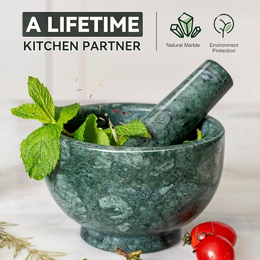 Indian Natural Marble Mortar and Pestle Set, Grinder Bowl for Guacamole, Salsa, Pill Crusher, Spice, Herb, Garlic, Nut, Heavy Duty Grinder for Kitchen