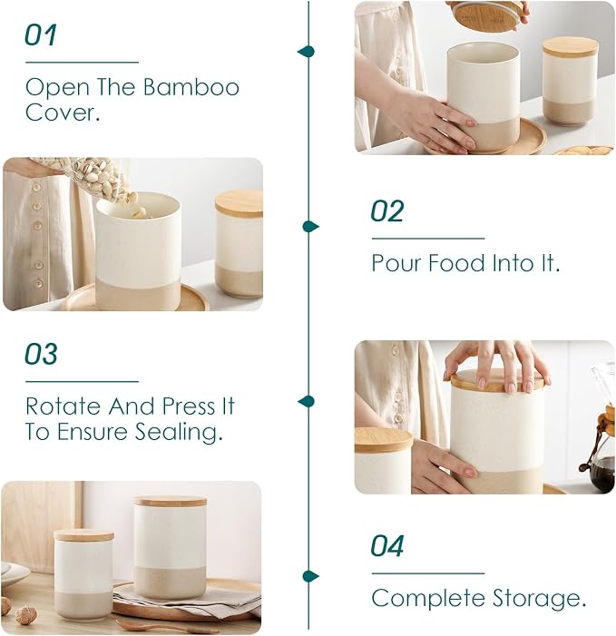 vancasso Sabine Kitchen Canister Set of 3, Ceramic Food Storage Containers with Airtight Wood Lids, Countertop & Pantry Organization for Flour, Sugar, Coffee, Tea & Snacks
