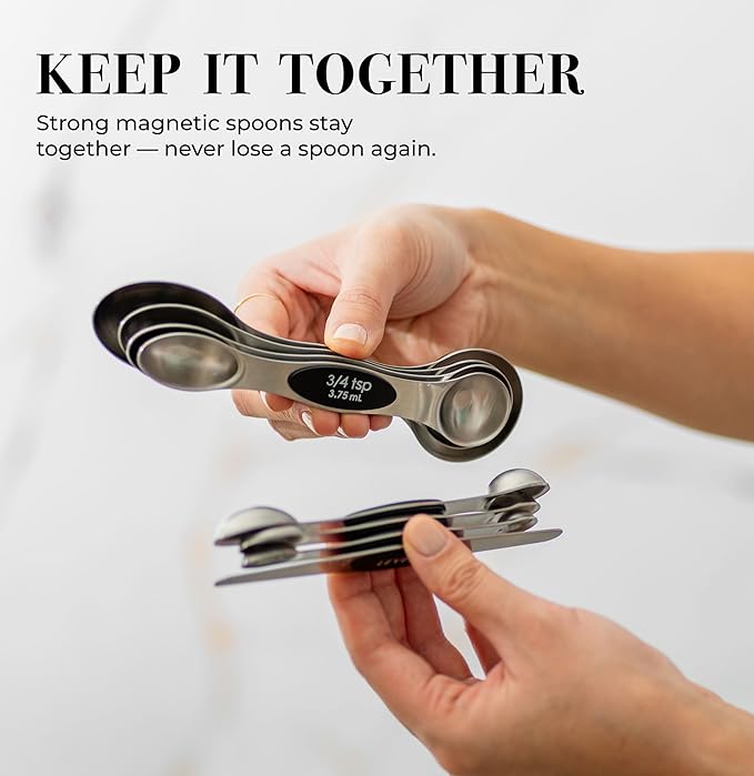 Styled Settings Stainless Steel Magnetic Measuring Spoons Set with Leveler | 8-Piece, Dual Sided, Stackable, BPA Free, Stainless Steel Measuring Spoons for Dry & Liquid Ingredient - Fits in Spice Jars