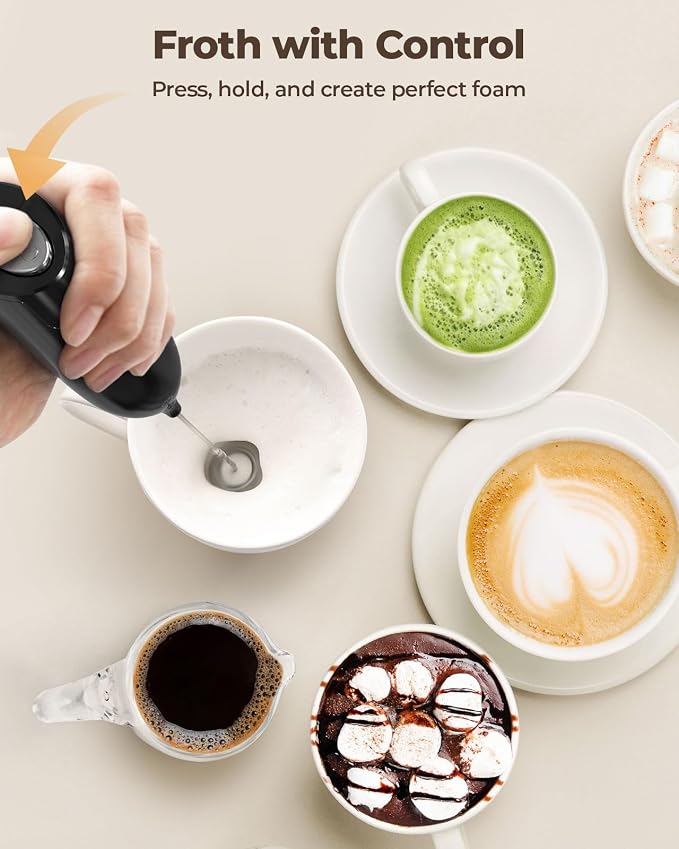 SIMPLETASTE Milk Frother Handheld Electric Foam Maker Battery Operated | Drink Mixer with Stainless Steel Whisk for Cappuccino, Bulletproof Coffee, Latte, Midnight Black, without Stand