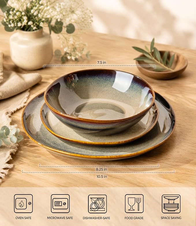 Ceramic Dinnerware Set for 4, 12-Piece Plates and Bowls Set | Handmade Reactive Glaze Dish Set, Scratch Resistant, Oven & Microwave & Dishwasher Safe, Mocha Brown