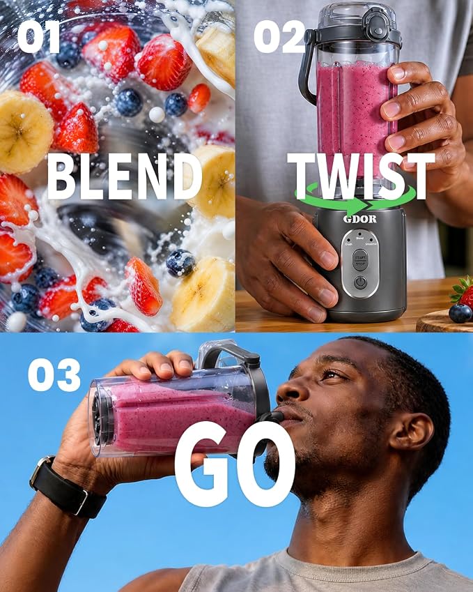GDOR Portable Smoothie Blender, Twist & Go, Personal Blender Shakes and Smoothies, 3 Auto Programs, Ice Crush, 2x23 oz, Cordless, Dishwasher Safe, BPA-Free