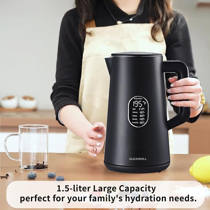 1.5L Electric Kettle Temperature Control, Black | Double Wall Cool Touch Teapot, Fast Boil, 5 Temperature Control, LED Display, Auto Shut-Off & Keep Warm