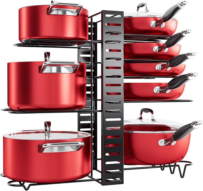 MUDEELA 8-Tier Pots and Pans Organizer under Cabinet, 16.61" Height Light Duty Pot and Pan Organizer Kitchen Cabinet Organization and Storage, Adjustable Pot Rack with 3 DIY Methods for Lids, Bakeware | Light-duty adjustable pot rack, 3 DIY methods, Ho...