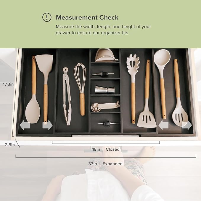 Utensil & Junk Drawer Organizer, 19-33 in, Black Bamboo | Food-safe contract grade, 100% sustainable wood, non-slip, adjustable