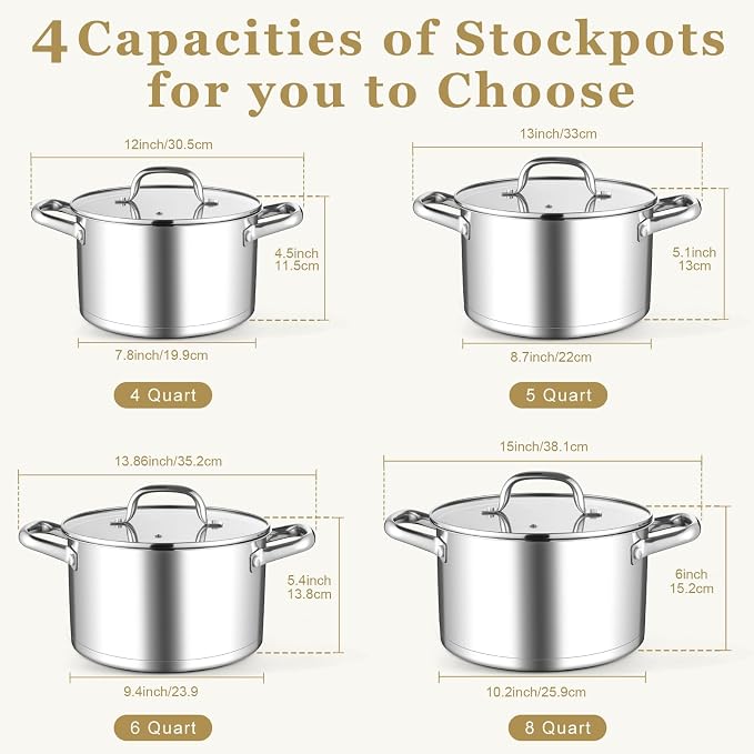Leonyo 6QT Stock Pot with Lid, Stainless Steel Cooking Stockpots Induction | Visible Lid & 3-Ply Base for All Stoves, Heat-conducting & Heavy-Duty