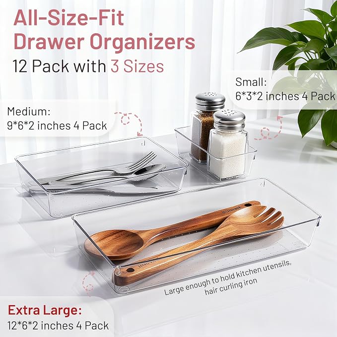12 Pack Large Drawer Organizer Bins - Clear Plastic Bathroom Drawer Organizer Trays - Heavy Duty Kitchen Drawer Dividers for Utensils - Non-Slip Storage Bins for Makeup, Bedroom, Office Desk