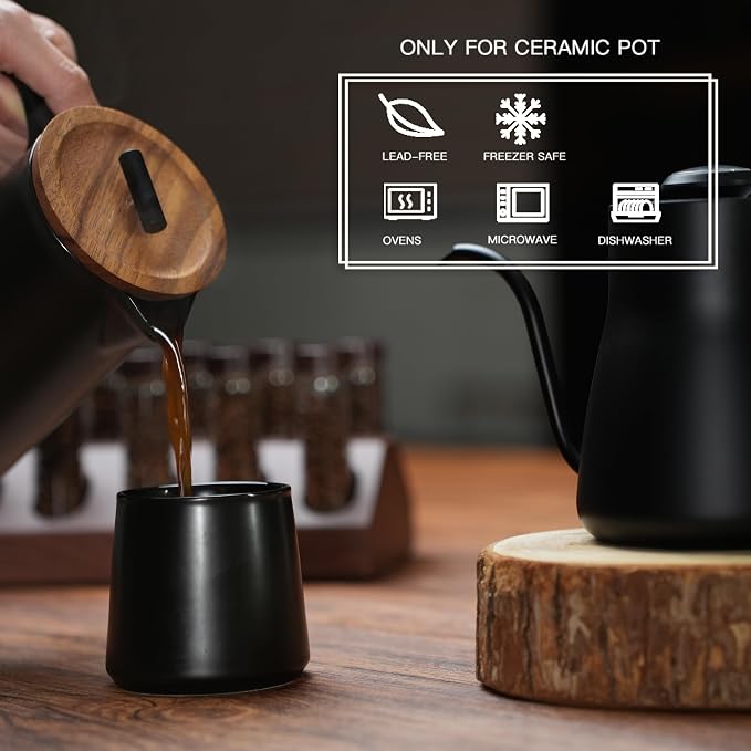 Ceramic French Press 22oz, Walnut Wood Lid, Black | Lead-Free, Dual Food Grade Stainless Steel Filters, Grit-Free, For Coffee and Loose Tea, Heat Retention, High-Fired Ceramic