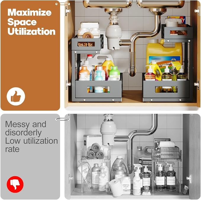 1-Pack Under Sink Organizers and Storage,2-Tier L Shape Pull Out Cabinet Organizer With Round Tube Slide Rails,Hight Adjustable Slide Out Drawers for Kitchen&Bathroom,Multi-Purpose Storage Shelf-Gray