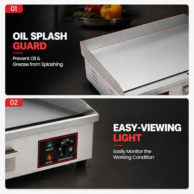 30" Electric Countertop Flat Top Griddle 3000W 110V Non-Stick Commercial Restaurant Teppanyaki Grill Stainless Steel Adjustable Temperature Control(No Plug)