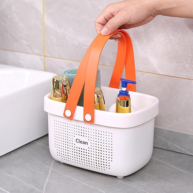 Portable Shower Caddy Basket with Handle Plastic Storage Basket Small White | Sturdy Drainage Large Capacity Organizer Basket with Silicone Handles for Bathroom Kitchen Bedroom College Dorm Essentials