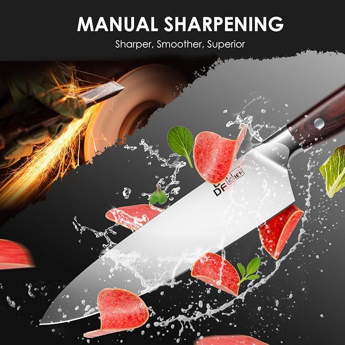 Chef Knife 8 Inch, High-Carbon Stainless Steel, Ergonomic Pakkawood Handle | Sharp Kitchen Knife with Non-slip Full-Tang Wooden Handle, Japanese Chopping Knife with Gift Box
