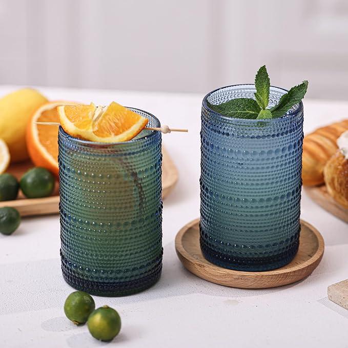 Moretoes 15oz Blue Vintage Hobnail Drinking Glasses Set of 6 | Highball Glass Cups, Kitchen Drinkware Glassware for Beer,Cocktail,Whiskey,Juice and Various Mixed Drinks