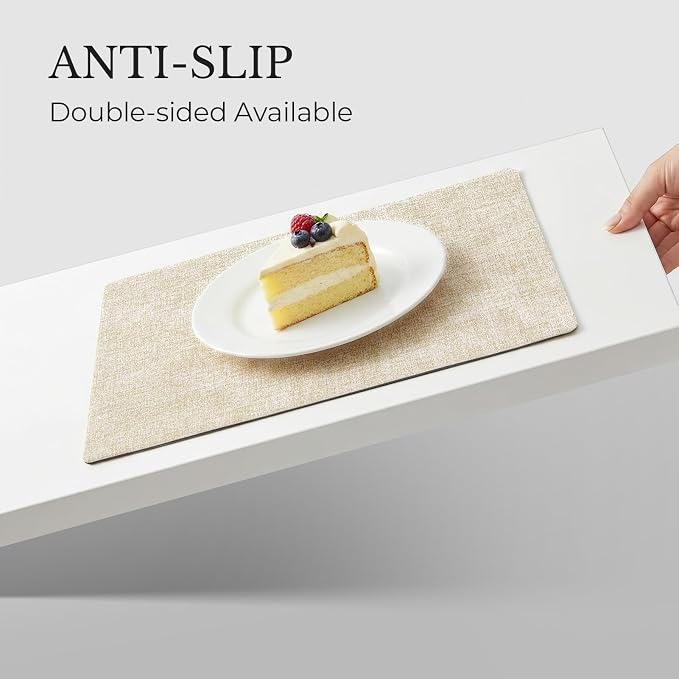 Romanstile Vinyl Placemats Set of 8, Reversible Faux Leather Heat Resistant Wipeable Table Mats, Waterproof Washable Non-Slip Table Placemats for Dining/Kitchen/Party/Outdoor (Black Beige, 12" x 17")
