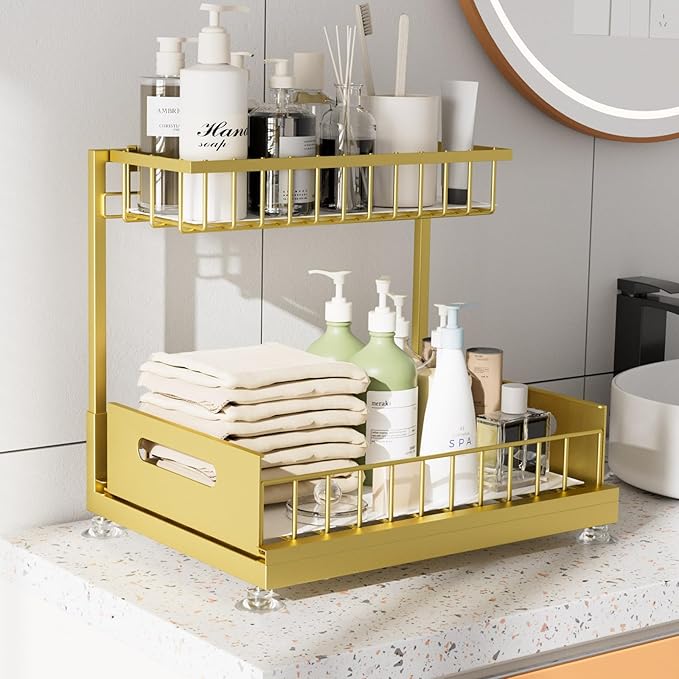 L-Shaped Under Sink Organizer, 2-Tier Pull-out Cabinet Rack 1-Pack | Gold Height-Adjustable Steel Rack, Sliding Grid Drawers with PP Liners, Holds 100 Lbs, Suction Base, Ideal Kitchen Storage