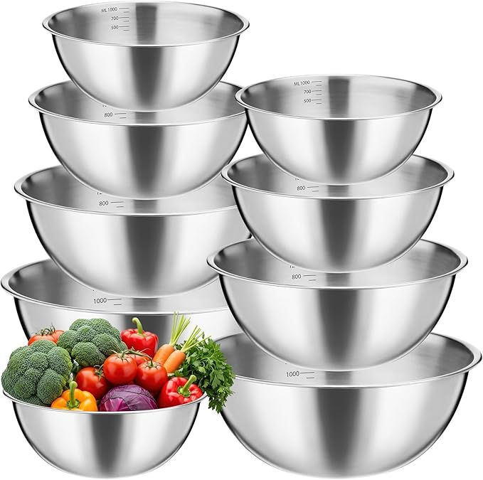 Honeydak 8 Pack Stainless Steel Mixing Bowls with Scale Meal Prep Bowls Dishwasher Safe Stainless Steel Salad Bowl Sizes 1.1, 1.6, 2.2 and 2.64 Qt for Kitchen Baking Cooking Prepping