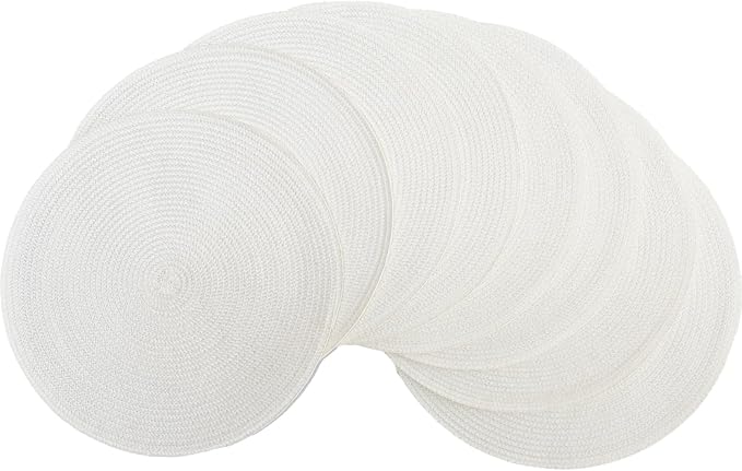 Winknowl 15 Inch Round Braided Placemats Set of 8, Washable Cotton Polyester Table Mats, Heat Resistant Non-Slip Place Mats for Kitchen Dining Table Decor (White,8pcs)