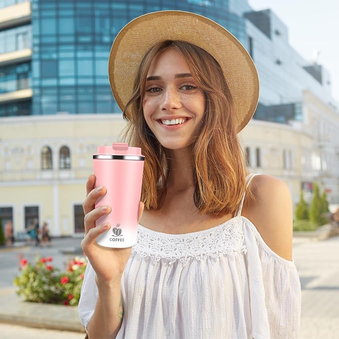 Insulated Travel Coffee Mug Reusable Coffee Tumbler Cup with Flip Lid Leak Proof Spill Proof for Office School Party Camping Hot and Cold Drink,Stainless Steel 17oz (Pink)