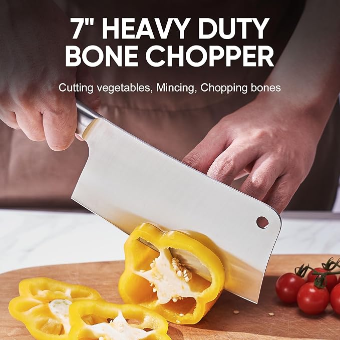 Topfeel 3PCS Butcher Knife Set,German High Carbon Steel Meat Cleaver | Includes 7" heavy-duty bone chopper, 7" Santoku and 5" utility knife with ergonomic ABS handles and gift box