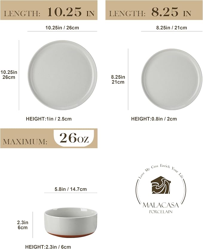 MALACASA Plates and Bowls Sets, 12 Pieces Modern Stoneware Dinnerware Set for 4 Kitchen Dinner Set Ceramic Dishware Dishes Set Microwave and Dishwasher Safe, Grey, Series TARA