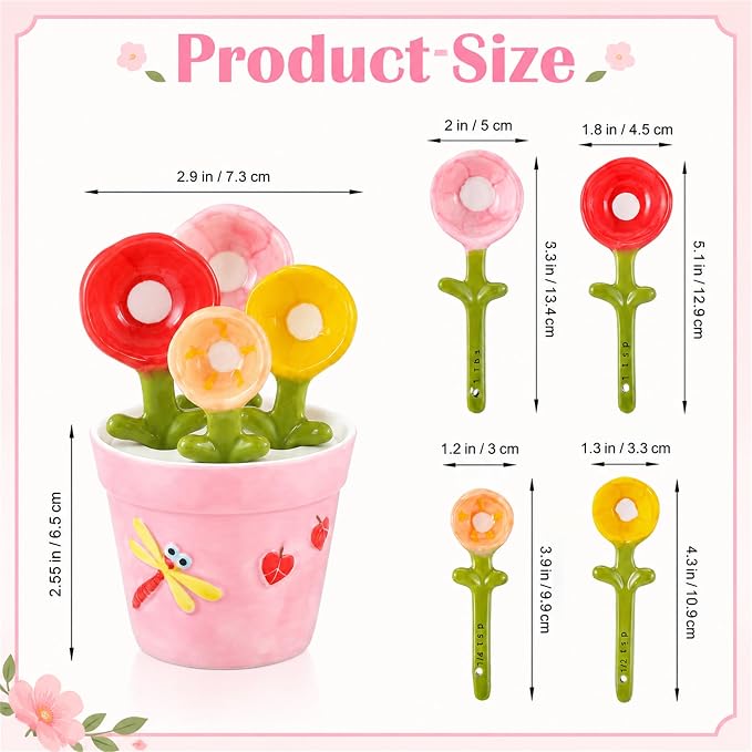 Cute Flower Ceramic Measuring Spoons Set with Base, Kitchen Decorate Gifts | Small Flower Pot Measuring Spoons and Cups with Holder, Home Baking Gifts Pink