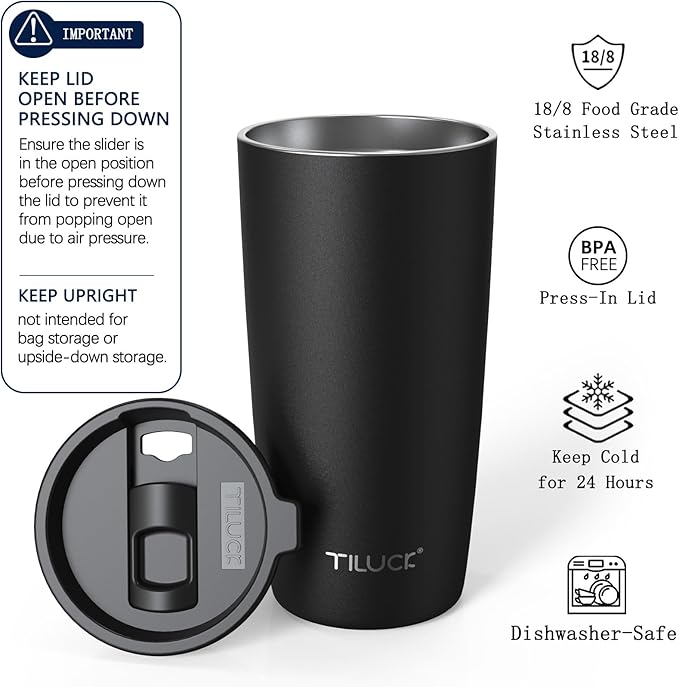 TILUCK 20 oz Insulated Coffee Tumbler with BPA-Free Lid | Travel Coffee Mug, Dishwasher Safe, Cup Holder Friendly, Double-Wall Vacuum Insulation for Hot & Cold Drinks, Matte Black