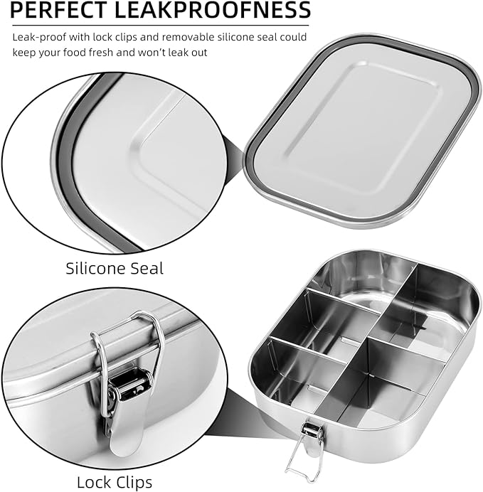 UPTRUST Stainless Steel Bento Lunch Box for Kids, 5-Compartment 1400ML | Metal container with leak-proof lockable clips, for kids and adults lunch, meal prep, or travel