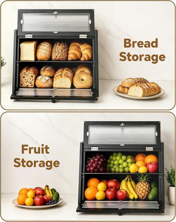 Bread Box for Kitchen Countertop,Double Layer Bread Storage,Black | Wooden Bread Storage Container for Homemade Bread,Counter Organizers and Storage for Fruits,Spices,Bread