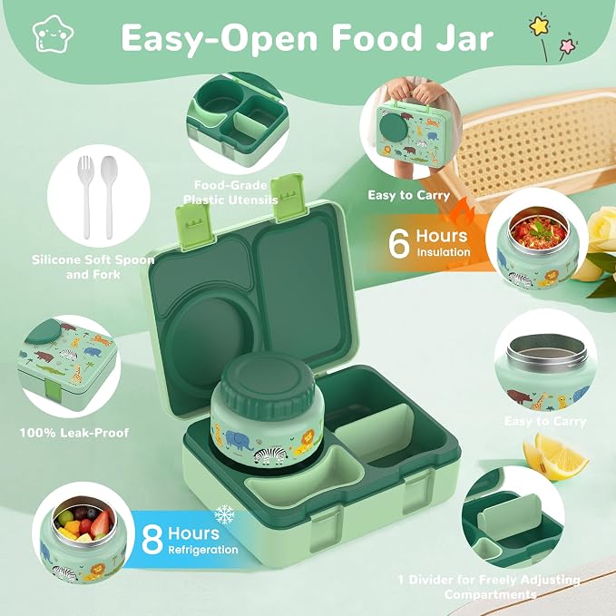 Bento Box for Kids, Leakproof Kids Lunch Box with 8.5OZ Thermo Food Jar & Lunch Bag, 3-4 Compartments Toddler Insulated Lunch Box for Boys, BPA Free Lunch Containers for School Daycare