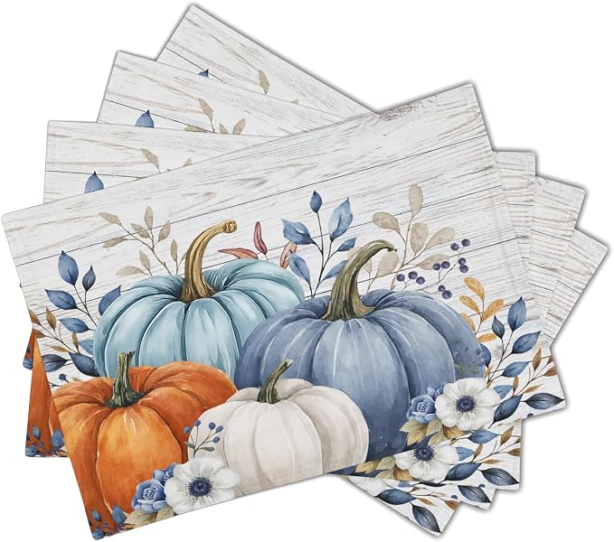 Thanksgiving Placemats Set of 4 18x12 Inch Fall Blue Pumpkin Linen Place Mats Heat-Resistant Washable Wipeable Autumn Leaf Floral Wood Grain Table Mat for Party Kitchen Dining Room Dinner Table Decor