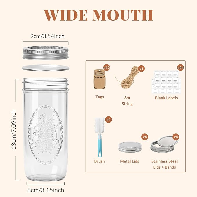 CycleMore 24oz Embossed Glass Mason Jars – Set of 4 | Vintage Style Canning Jars With One-Piece & Stainless Steel Split Lids, BPA-Free & Durable. Dishwasher Safe. Non-Slip Grip.