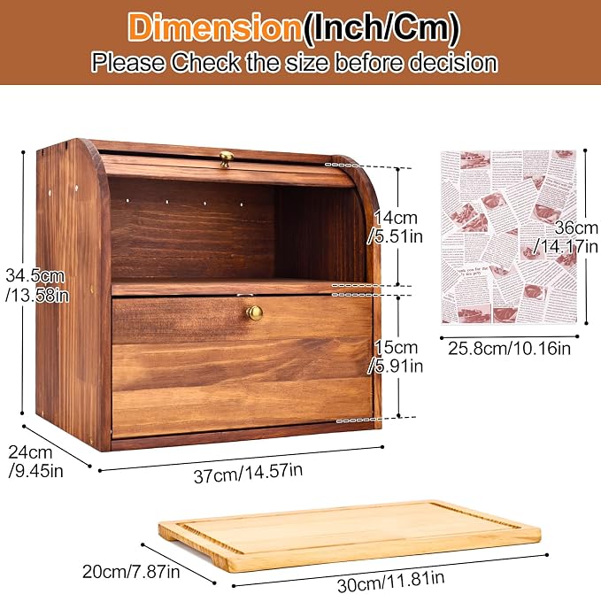 Alpeir Roll Top Bread Box with Cutting Board for Kitchen Countertop, Brown | Large Breadbox with Ventilation Holes, Double Layer Pantry Shelf, Wooden Homemade Bread Storage Container, Vintage Farmhouse